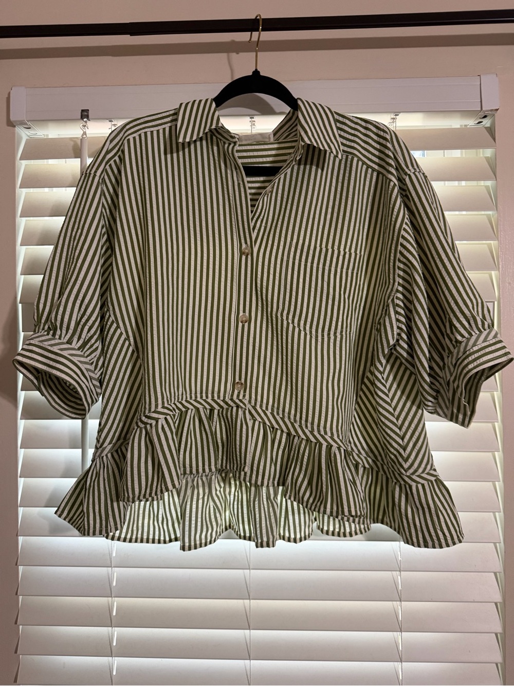 JODIFL Olive Green and White Striped Ruffle Hem Button-Down